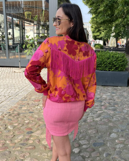 COLORFUL PINK ORANGE FLOWERS FRINGES SWEATSHIRT, CLASSIC SWEATSHIRT, FRINGES, FESTIVAL OUTFIT, COTTON SWEATSHIRT