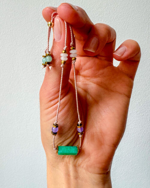 BRACELET, SILK STRING BRACELET, AMAZONITE, JADE, ROSE QUARTZ, HEMATITE, STANLESS STEEL, HANDMADE