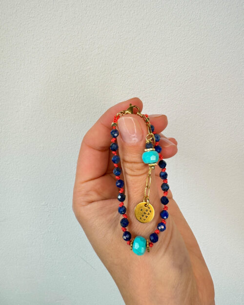 BRACELET, SILK STRING BRACELET, LAPIS AZURE, TURQUOISE, STANLESS STEEL, HEMATITE, HANDMADE