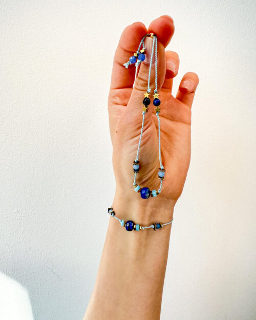 BRACELET, SILK STRING BRACELET, NATURAL STONE, CHALCEDONY, LAPIS AZURE, JADE, STANLESS STEEL, HEMATITE, HANDMADE