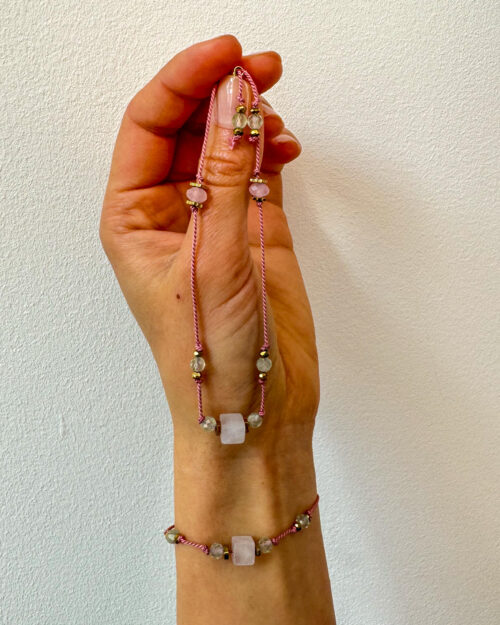 BRACELET, SILK STRING BRACELET, ROSE QUARTZ, PREHNITE, STANLESS STEEL, HEMATITE, HANDMADE