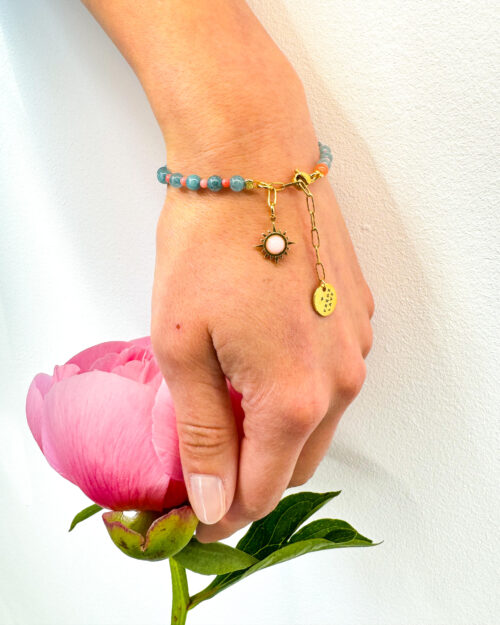 BRACELET , SUN PENDANT, CORAL,  JADE, PINK QUARTZ,  NATURAL STONE JEWELRY, STONE BRACELET, HANDMADE