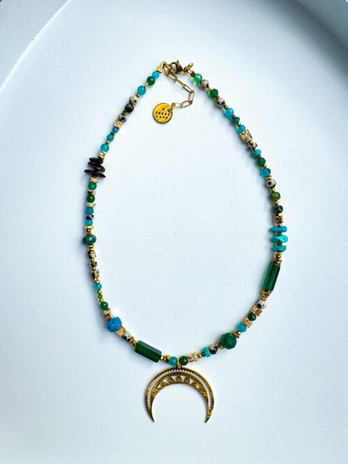 NECKLACE ,  PENDAND MOON, AMAZONITE,HEMATITE, AGATE, JASPER, JADE, CHALCEDONE, APATITE, VOLCANIC LAVA, NATURAL STONE JEWELRY, STONE NECKLACE, HANDMADE