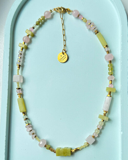 NECKLACE, JADE, PINK QUARTZ, JASPE, HEMATITE, STAINLESS STEEL, GOLD, NATURAL STONE JEWELRY, STONE NECKLACE, HANDMADE, SIERADEN, HALSKETTING