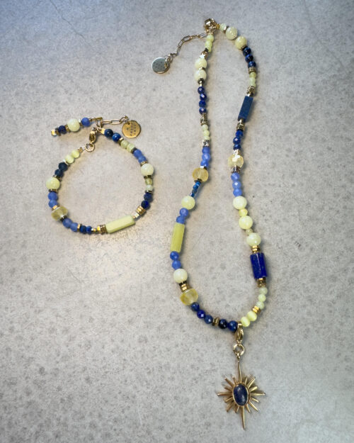 NECKLACE+BRACELET SET, NATURAL STONE, CAT EYE, CITRINE, JADE, LAPIS AZURE, STANLESS STEEL, HEMATITE, HANDMADE