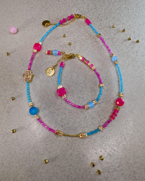SET NECKLACE AND BRACELET, NATURAL STONES, PINK STONES, BLUE STONES, HEMATITE, VOLCANIC LAVA, CAT`S EYE, AGATE, HANDMADE