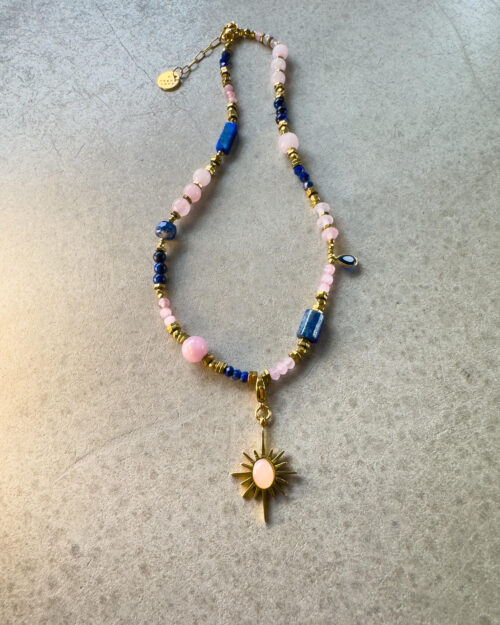 NECKLACE, LAPIS AZURE, JADEIT, HEMATITE, PINK QUARTZ, STAINLESS STEEL, NATURAL STONE JEWELRY, STONE NECKLACE, HANDMADE