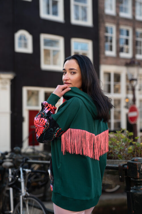 SWEATSHIRT WITH grapefruit pink FRINGES, HOODIE, COTTON SWEATSHIRT, MONSTERA COLORFUL PRINT, FRINGES ON THE BACK
