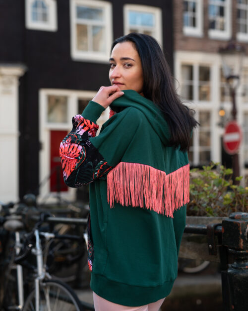 ANABEL TROPICAL HOODIE WITH HAND-BURNED FRINGES